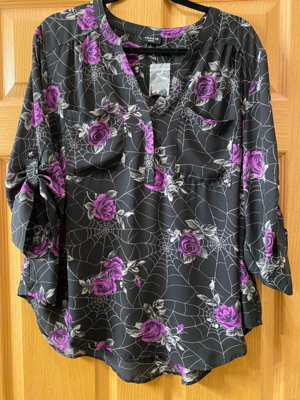 torrid Black Harper Blouse with Purple Rose & Spiderweb Print
